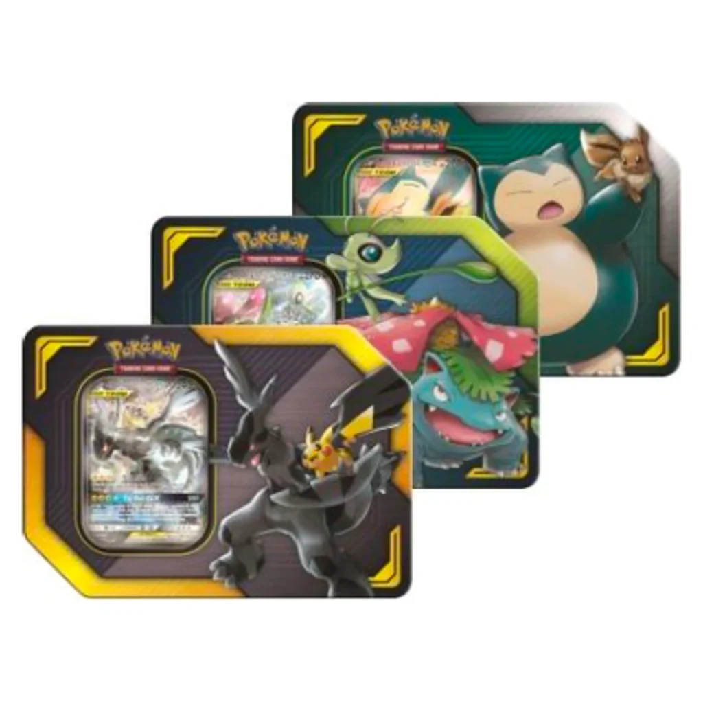 Tag Team Tin Set: Pikachu/Zekrom GX Tin, Venusaur/Celebi GX Tin & Snorlax/Eevee GX Tin